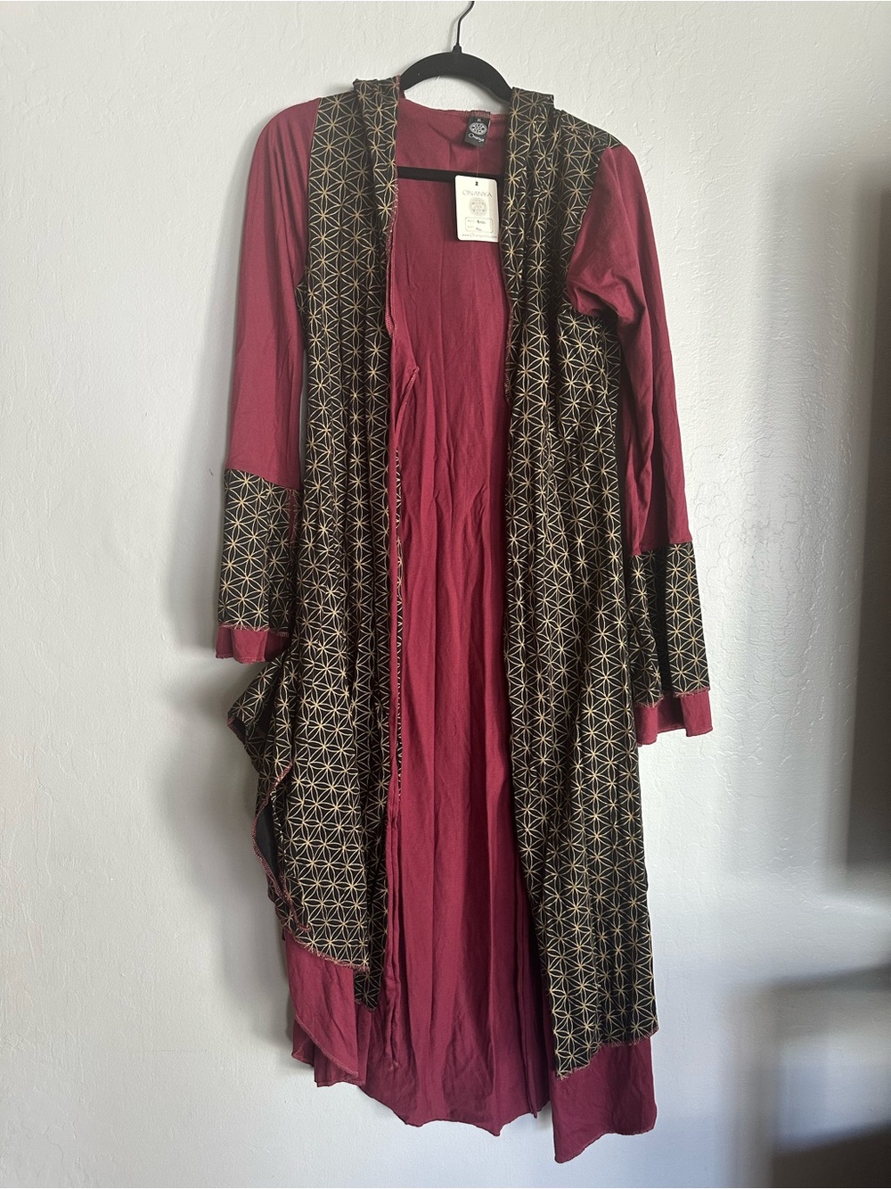 Women’s Long Kimono Robe in Wine with Geometric Trim - Unbranded